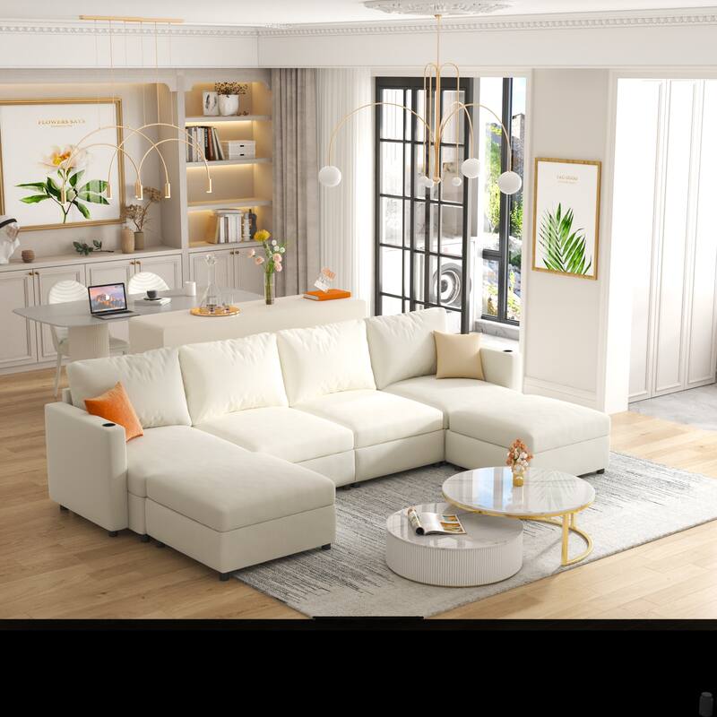 123" U-Shaped Modular 4 Seater Sectional Sofa with Storage Ottomans, Easy Assembly and Transport