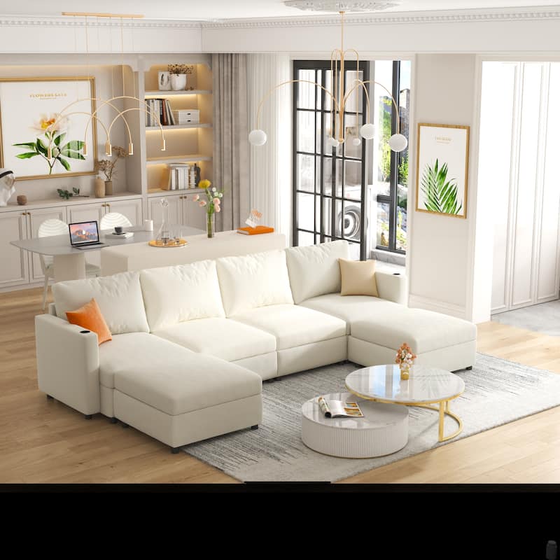 Christopher Knight Home - Stellar Modular U-Shaped Sectional Sofa Bed with Storage, 6 Seats, Ottoman, and Chenille Fabric