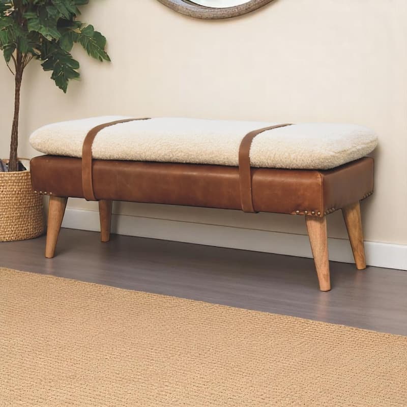 Artisan furniture soild wood,leather Boucle Buffalo Hide Leather Bench - Oak