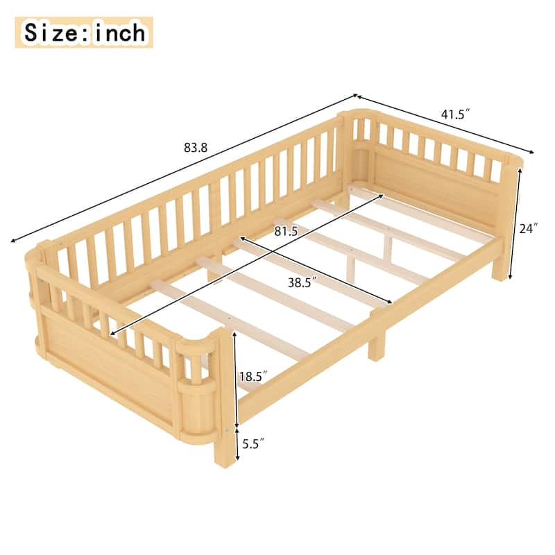 Wood Platform Bed with Guardrails & Detachable Fence, Twin/Full/Twin XL/Queen Size Kids Bed, Safety Design, No Box Spring