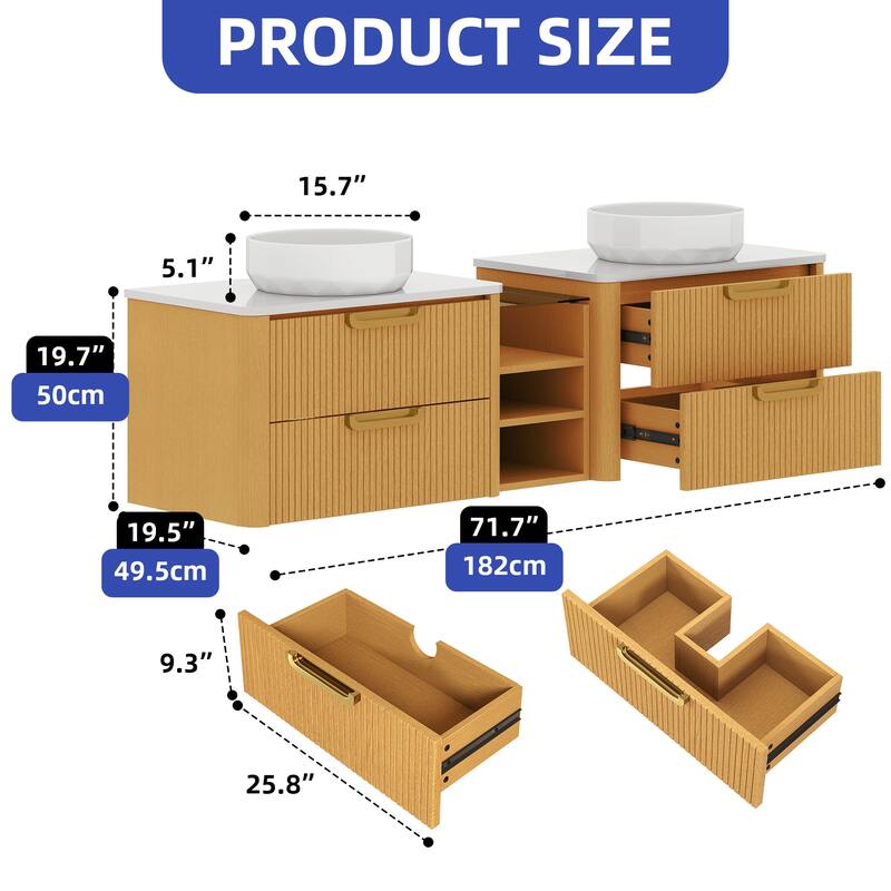 Moasis 72 Inch Floating Bathroom Vanity with Dual Ceramic Basins and 4 Storage Drawers