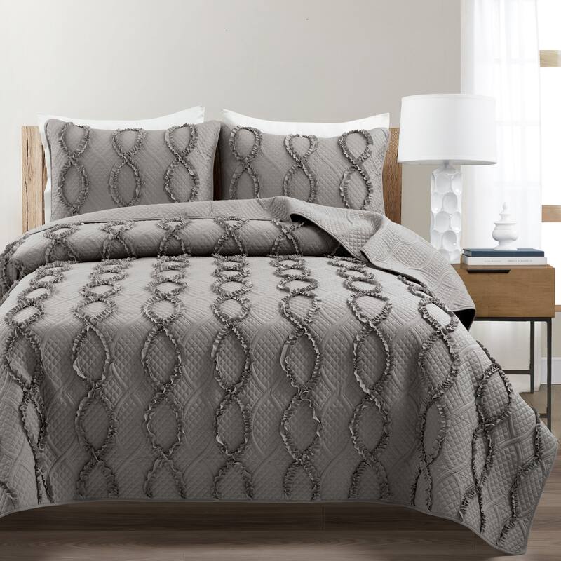 Lush Decor Avon Textured Ruffle 3 Piece Quilt Set - Dark Gray - Full - Queen
