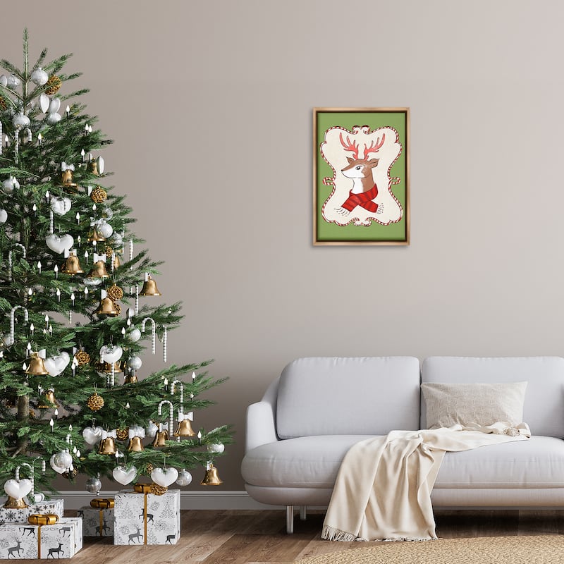 Stupell Festive Winter Deer in Scarf Framed Floater Canvas Wall Art Design By Hannah Moren