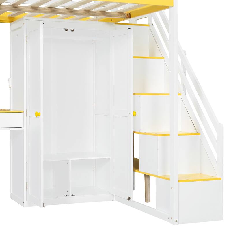 Full Size Loft Bed Frame for Kids with Storage Staircase, Wardrobe, Cabinets, USB, LED and Dressing Table with Mirror and Drawer