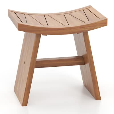Gymax 18 Inch Teak Wood Shower Bench Wooden Shower Stool w/ Curved