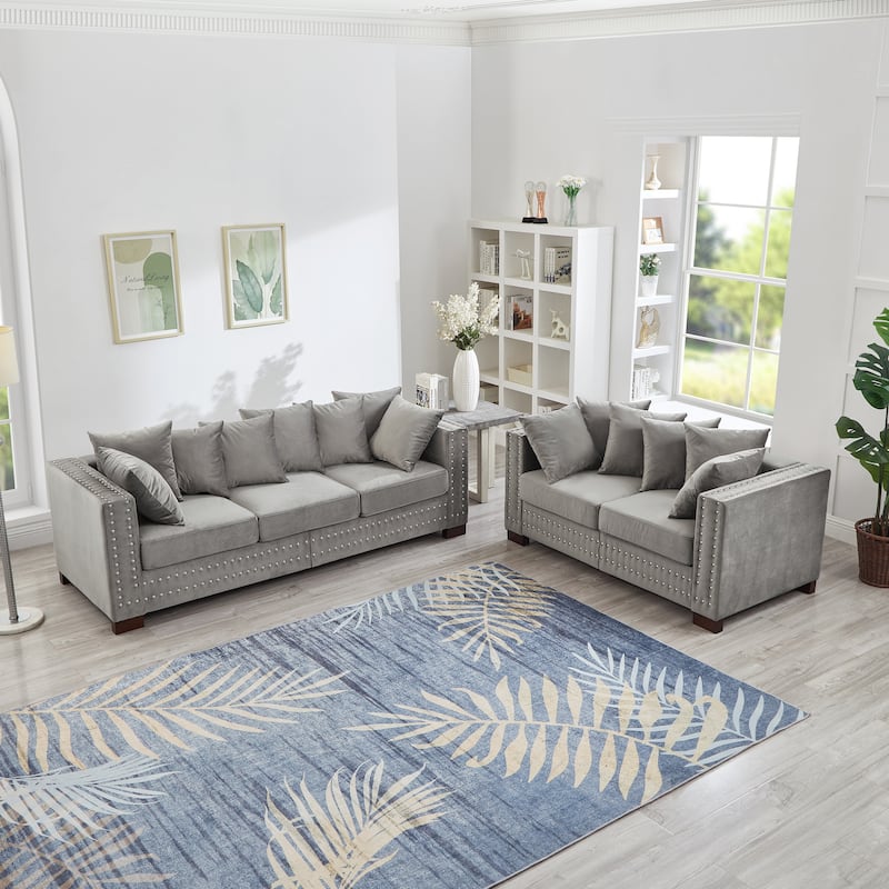 Velvet Upholstered Storage Sofa Set with Loveseat Sofa and 3 Seater Couch, Square Armrests with Silver Nails Decoration - Grey