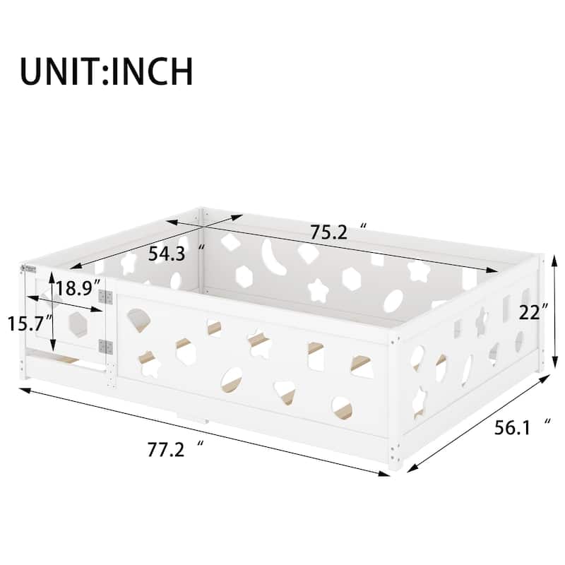 White Bed Frame Montessori Bed Twin Size Toddler Floor Bed with Guardrails and Door for Children Boys Girls Kids Playroom