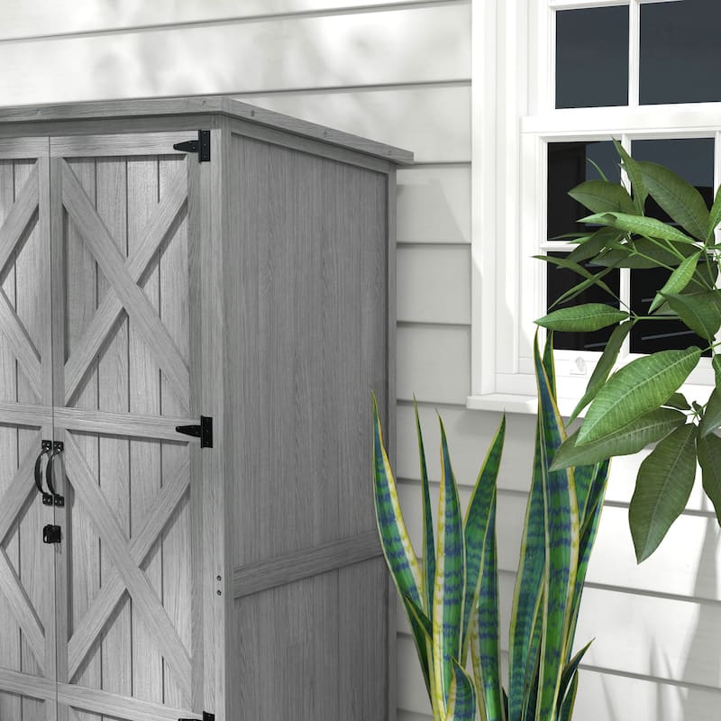 Outsunny Wooden Garden Shed, Outdoor Storage Cabinet with Waterproof Asphalt Roof, Narrow Tool Shed with Shelves