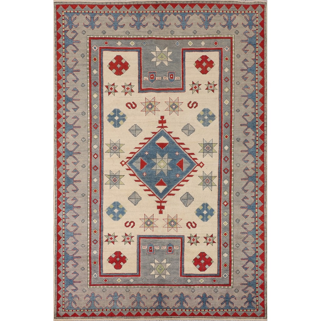 Ivory Kazak Oriental Area Rug Handmade Wool Carpet - 6'9" x 9'8"