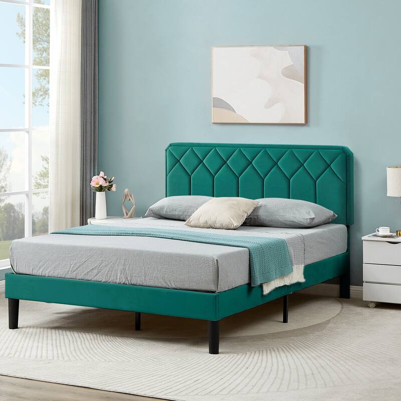 VECELO Adjustable Height Velvet Upholstered Bed Diamond Tufted Headboard with 7.8" Underbed Storage No Box Spring Needed