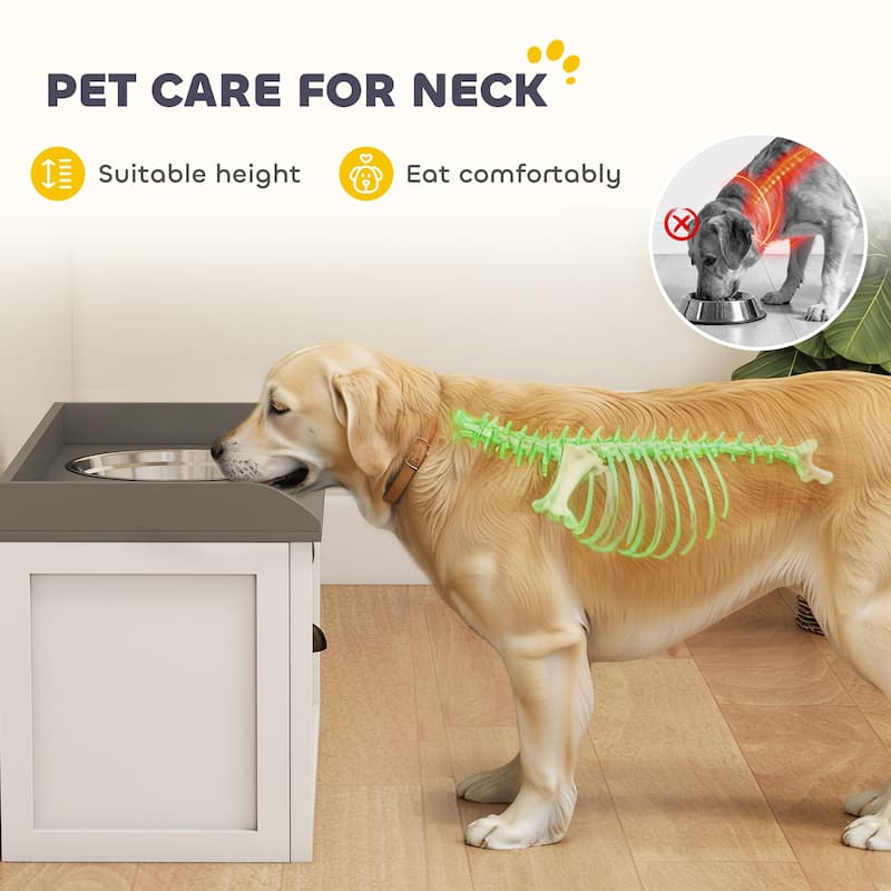 PawHut Dog Feeding Station with Storage Drawer, Removable Elevated Dog Bowls for Large Sized Dogs, White and Black