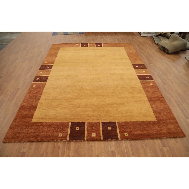 Hand Knotted Oriental 100% Wool Carpet Modern Geometric Yellow & Gold Gabbeh Area Rug - 12' 9'' X 9' 11''