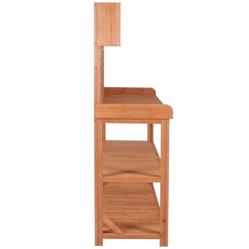 65" Large Wooden Farmhouse Rustic Outdoor Potting Bench Table, Patio Workstation with 4 Storage Shelves and Side Hook
