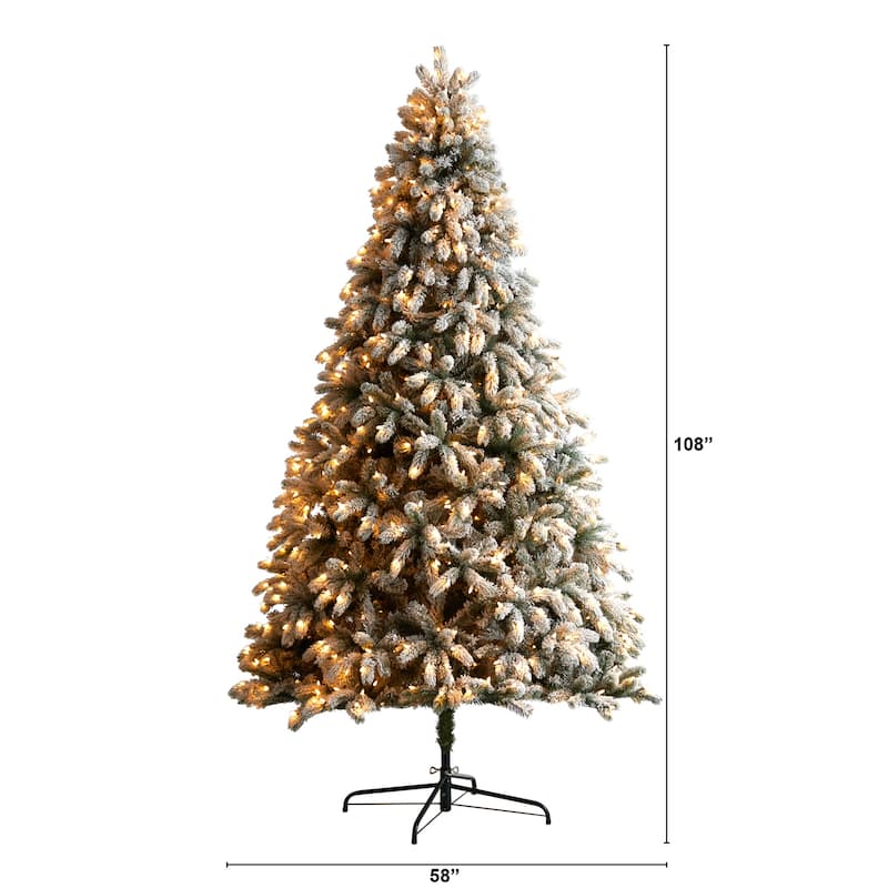 9ft Flocked Christmas Tree, Slim Pencil Artificial Tree with Lights, Holiday Decor - White - 108