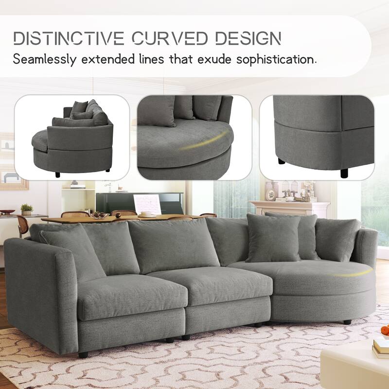 111.4" Polyester Combination Sofa with 3 Pillows, Curved Design and Removable Cushions