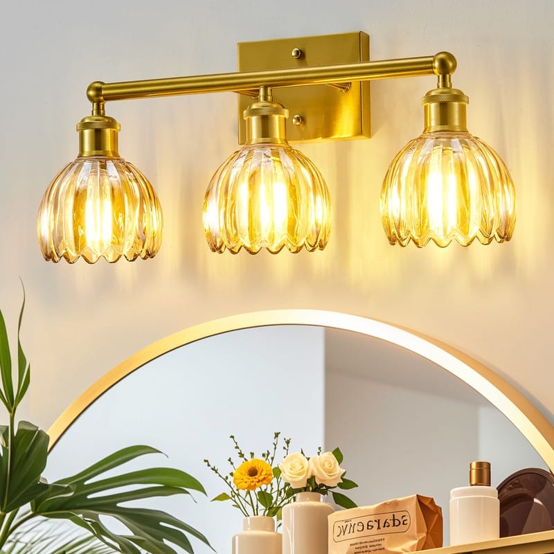 Modern Vintage Bathroom Vanity Light - Patterned Glass Shade E26 Bulb Base - 3-Lights - Glod