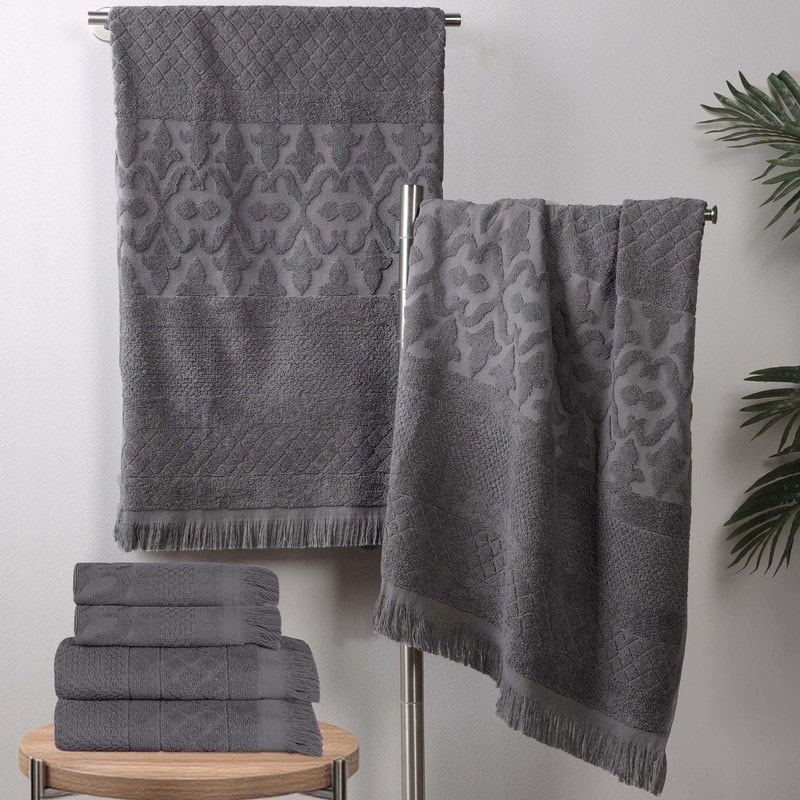 Superior Rolla Cotton Geometric Jacquard Plush Soft 6 Piece Towel Set - Grey