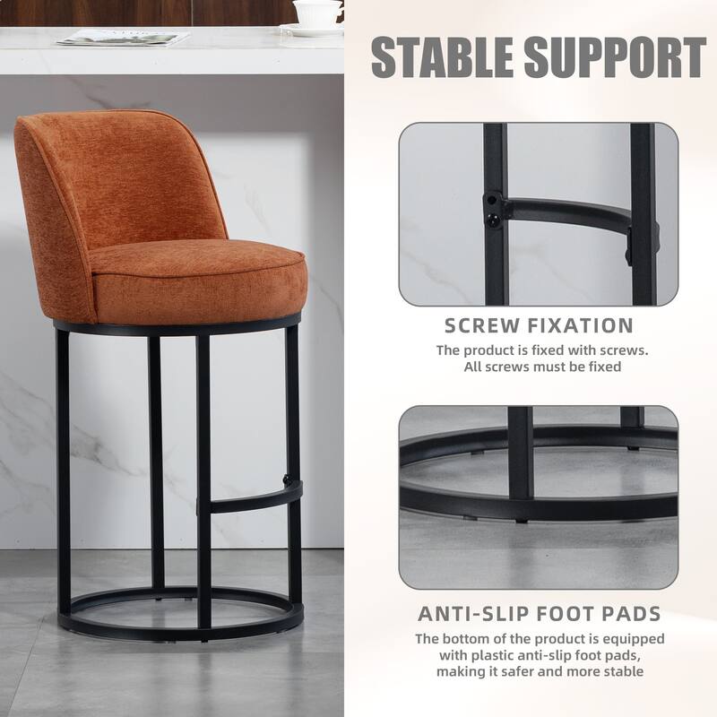 Counter Height Bar Stools Set of 2, Modern Barrel Counter Stools with Backrest, Linen Fabric Upholstered Accent Bar Stools