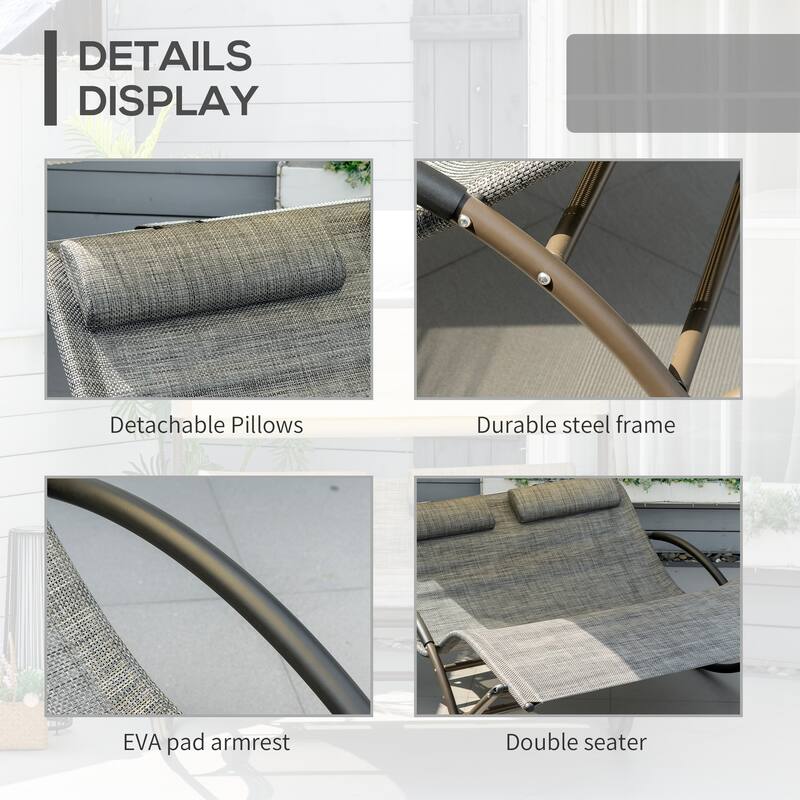 Outsunny Outdoor Double Chaise Rocking Chair, Day Bed Sun Lounger with Canopy Shade, Headrest Pillow, Armrests