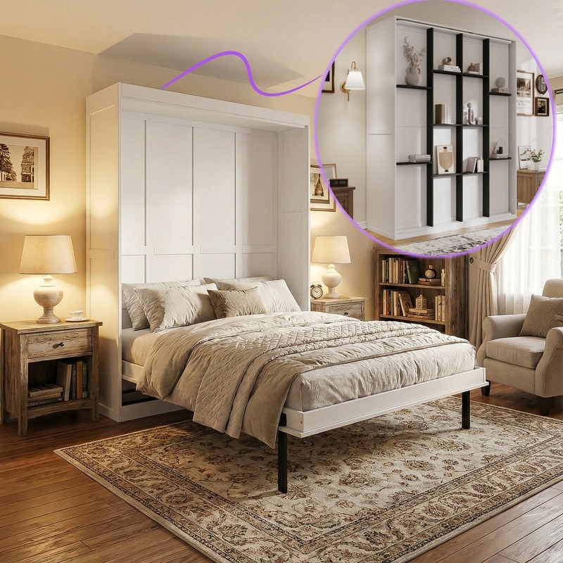 Queen Size Rotating Murphy Bed with Hidden Storage Racks, Multi-functional Wall Bed, Convertible Folding Bed Frame