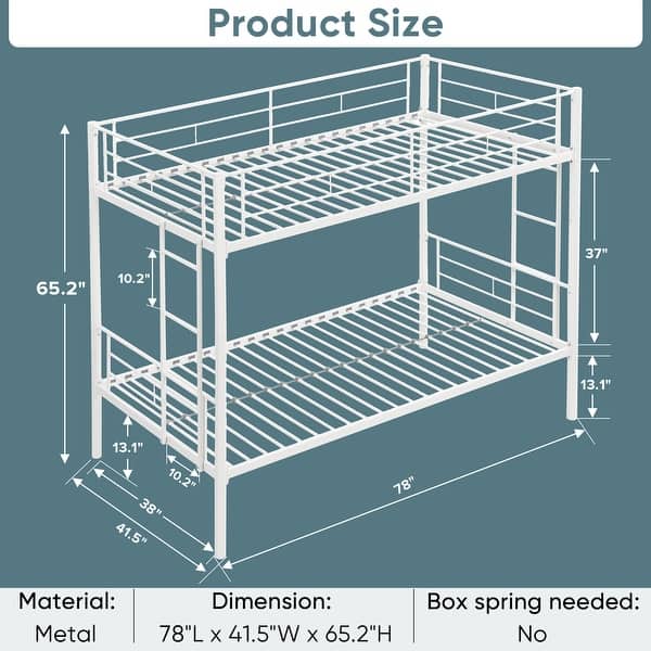 dimension image slide 1 of 3, Metal Structure Bedframe Twin Over Twin Bunk Bed Frame with Safety Guardrails and 2 Ladders, Convertible to 2 Platform Bed