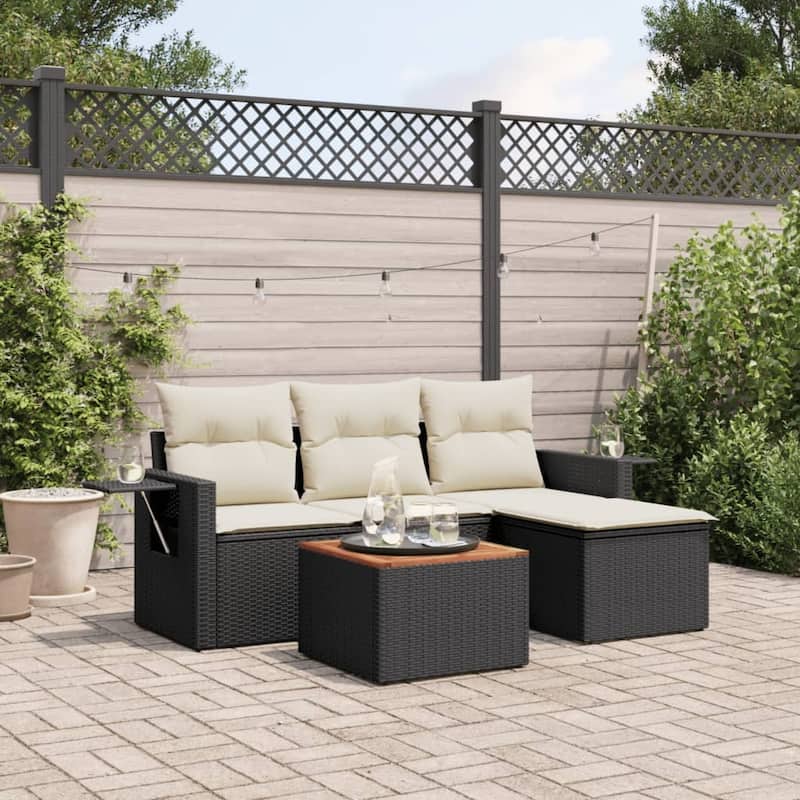 vidaXL Garden Sofa Set 5 Piece with Cushions Outdoor Sofa Set Poly Rattan - 21.7 x 21.7 x 14.6 in (W x L x H) - Black and Cream