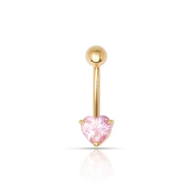 Curata Solid 14k Yellow Gold 14G Pink Heart-shaped Simulated Diamond CZ Belly Ring (6mm x 24mm)
