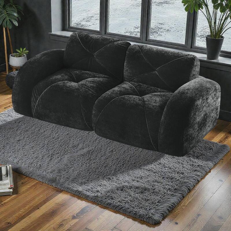 2 Seater Tufted Velvet Sofa, Boneless Cloud Couch with 32D High Density Foam, No Assembly Living Room Sofa - Black
