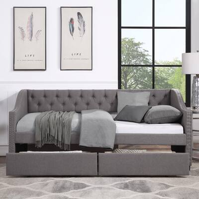 Gray Twin Size Upholstered Daybed with Two Drawers and Slat Support