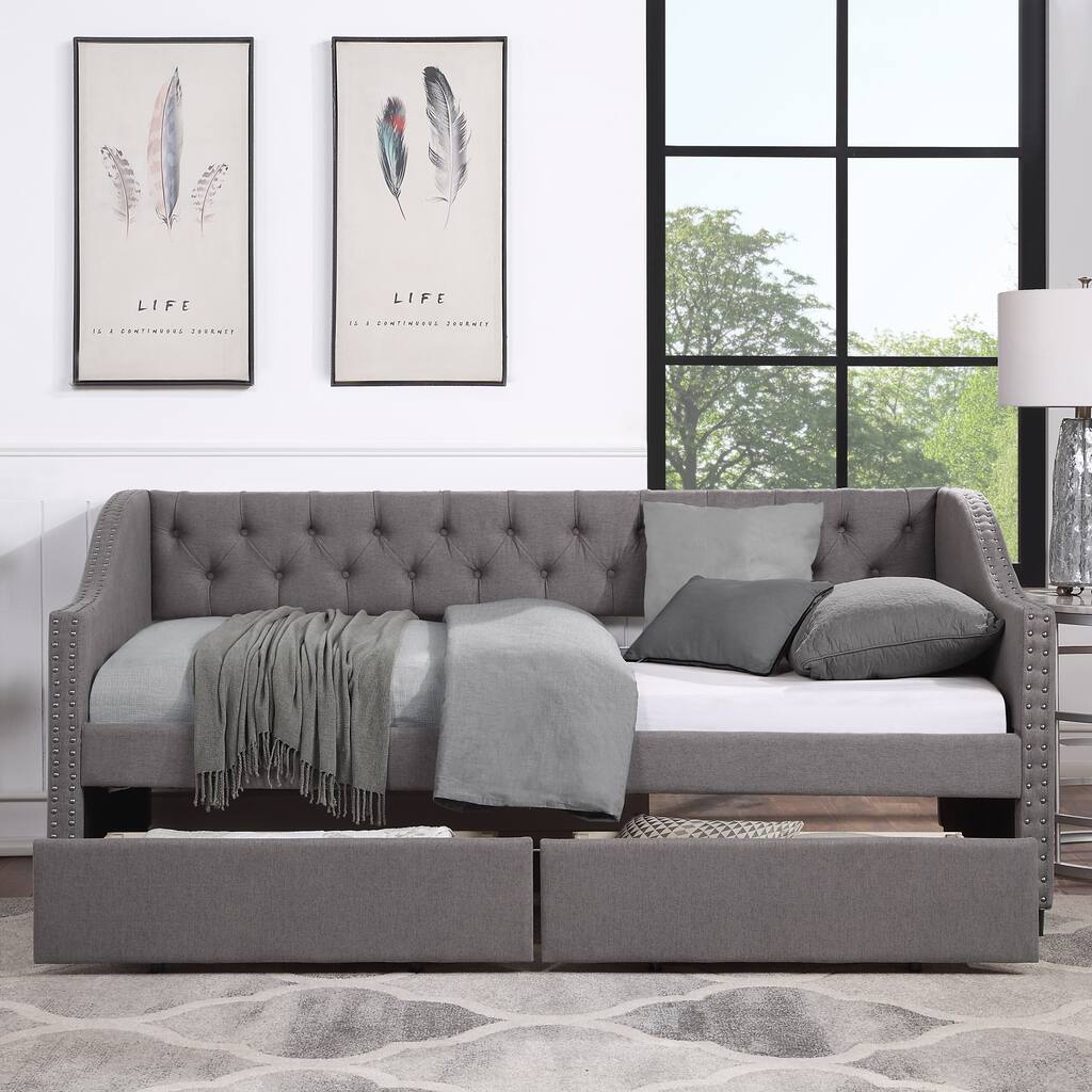 Roomfitters Twin Upholstered Daybed with 2 Storage Drawers, Diamond Tufted Linen Fabric, Grey