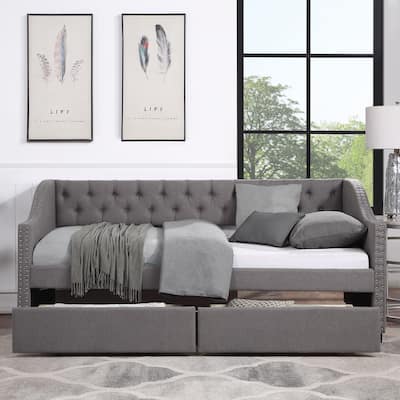 Twin Size Upholstered Daybed with Two Drawers and Slat Support