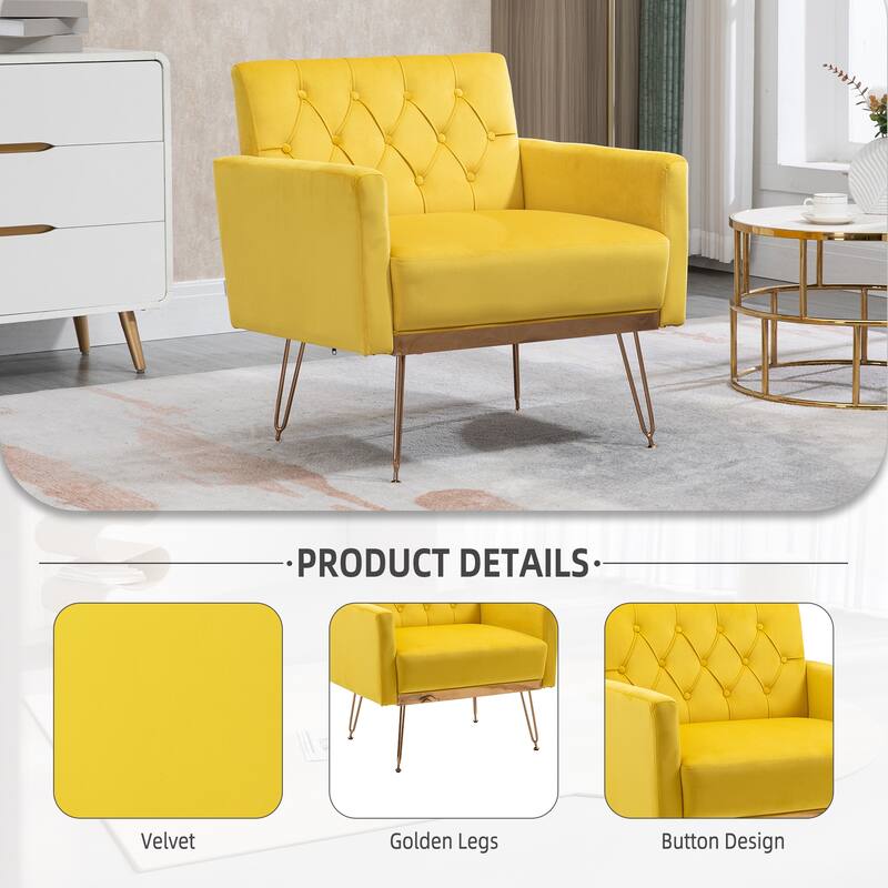 Velvet Upholstered Armchair Single Sofa Modern Tufted Reading Chairs Gold Metal Leg Wingback Chairs for Living Room Bedroom
