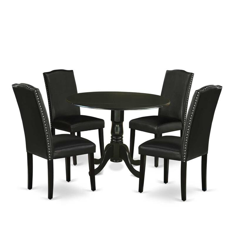 Round Kitchen Table Set 5pc 42" Table w/ Drop Leaves & 4 Parsons Chairs - Black PU Leather
