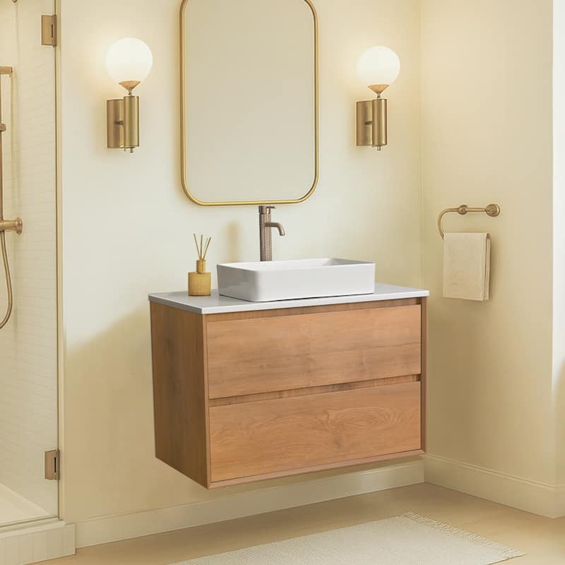 36"48"60"72"84" Floating Bathroom Vanity Quartz Counter Top with Round Ceramic Vessel Sink