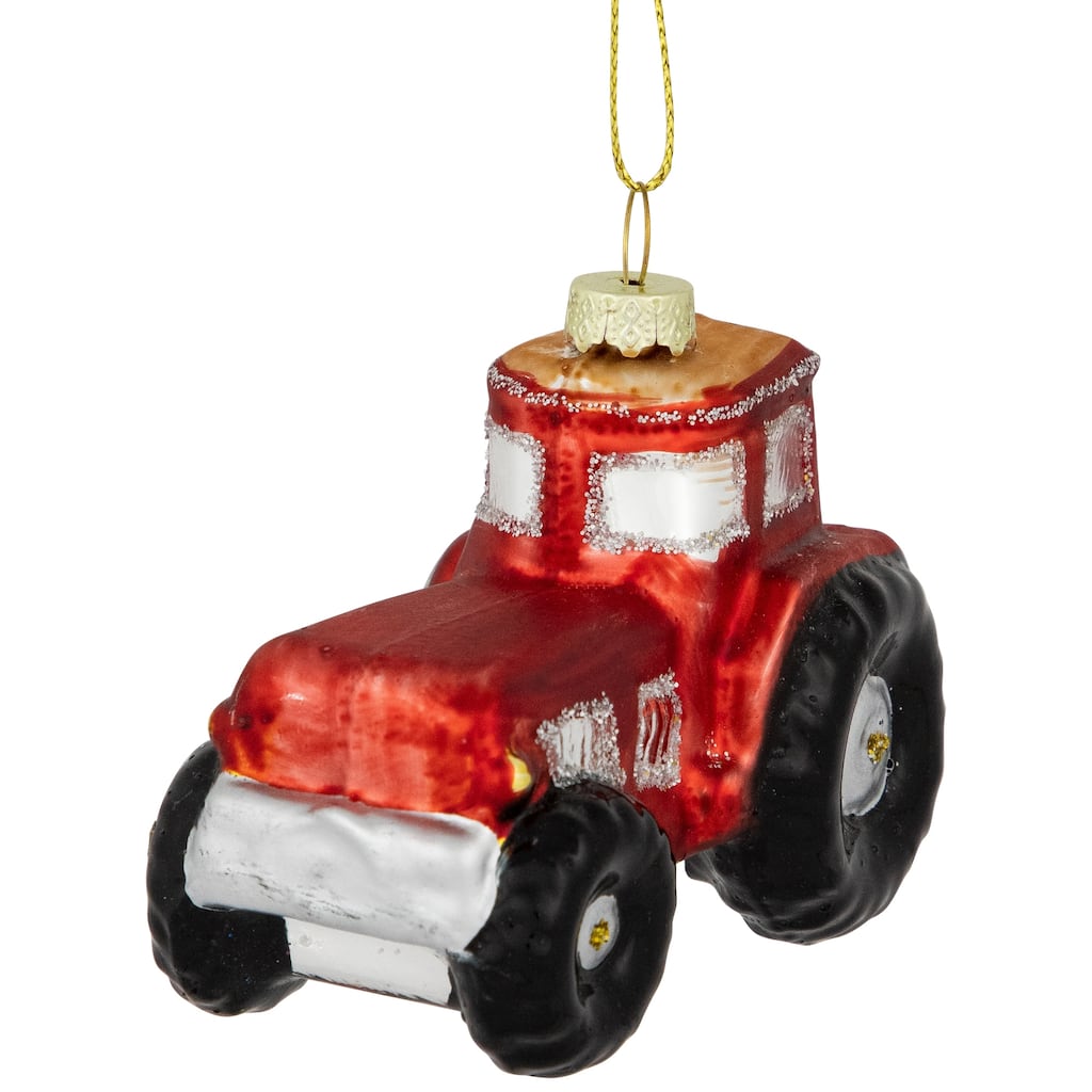 Tractor Glass Christmas Ornament - 3.5" - Red and Gold - 2.75"
