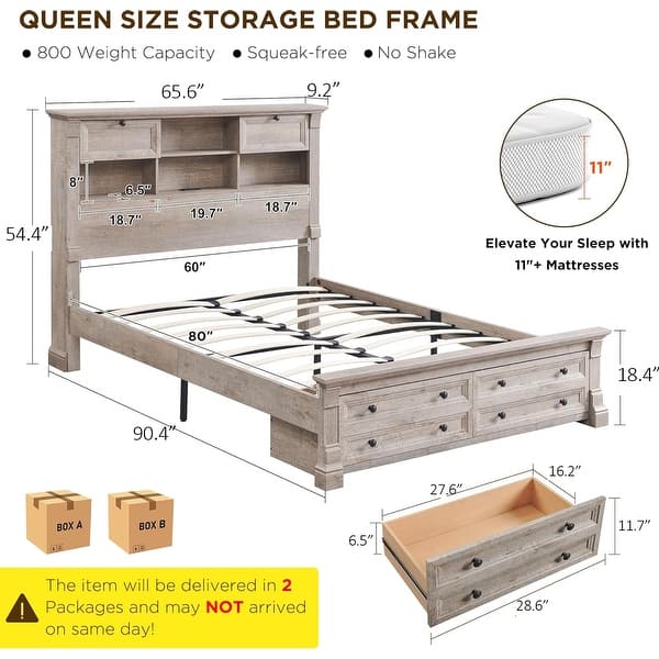 dimension image slide 9 of 10, Farmhouse Bed Frame with 54" Tall Storage Bookcase Headboard