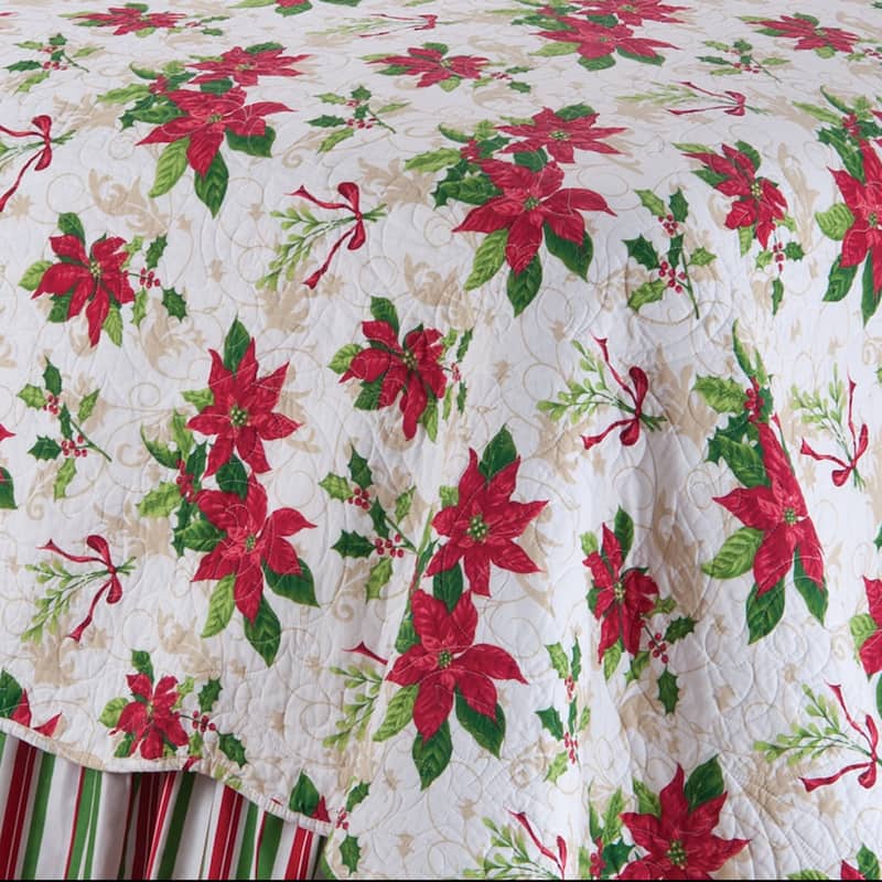 Holly Poinsettia Full/Queen 3 Piece Quilt - White