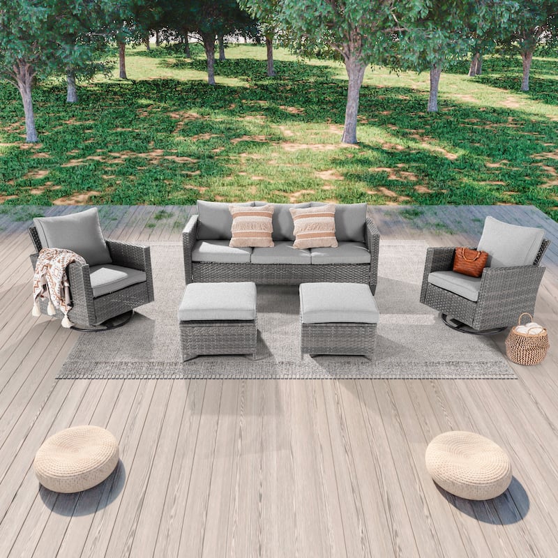 LIVOOSUN 5Pcs Patio Gray Rattan Outdoor Furniture Swivel Rocking Sofa Set - Linen Grey