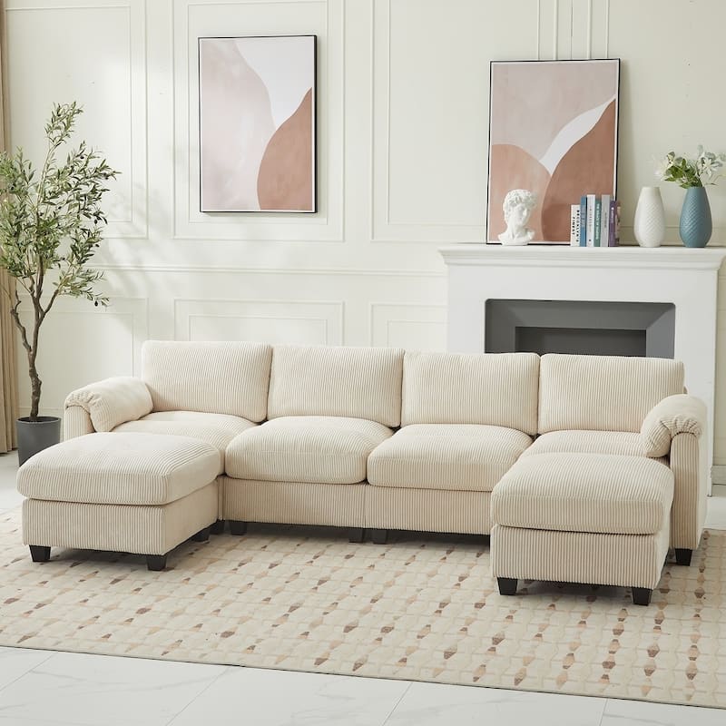Multi-Seater Corduroy Sectional Sofa, Modular Settee, Included Removable Ottomans