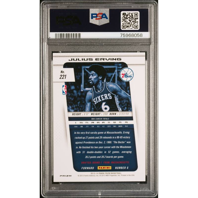 Julius Erving 2013 Panini Prizm Red White Blue Mosaic Card #221 Auto PSA 9 - 8'6" x 11'6"