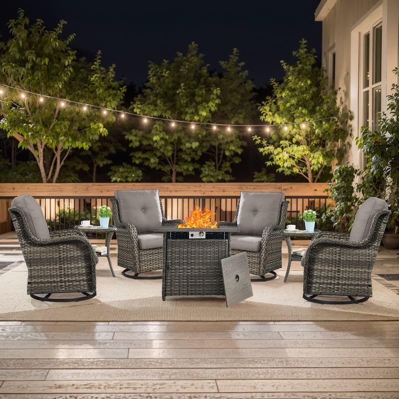 Pocassy 7 Pieces Fire Pit Table with Swivel Chairs Table - Grey Wicker Gray Cushion - 7 Pieces Swivel Chair with Fire Table