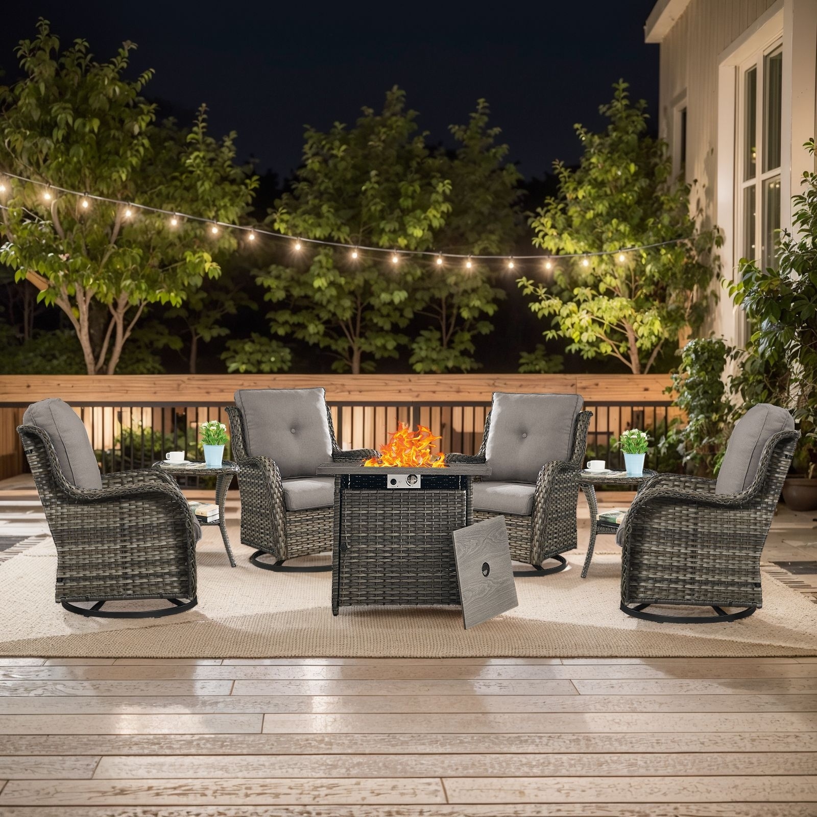 Pocassy 7 Pieces Fire Pit Table with Swivel Chairs Table