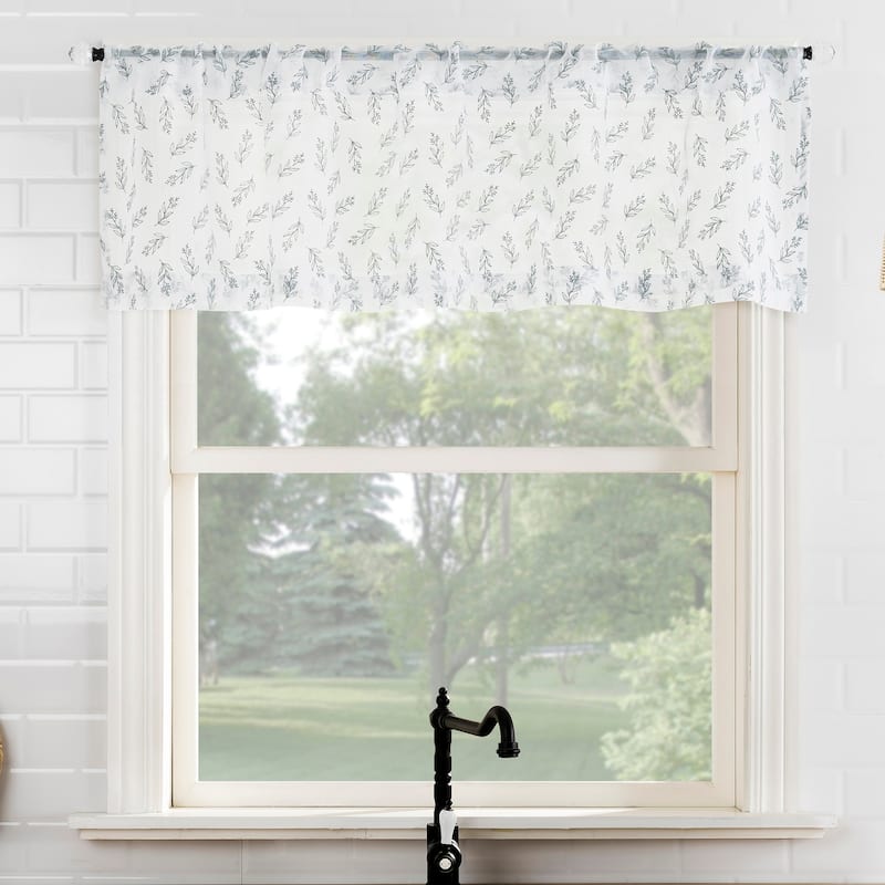 No. 918 Hawthorne Floral Leaf Sheer Rod Pocket 1-Piece Kitchen Curtain Valance - 52" x 14" - Chambray Blue
