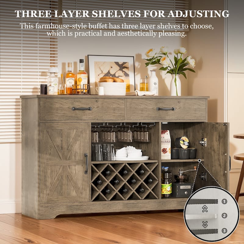 55'' Farmhouse Wine Bar Cabinet with Hutch & 10 Wink Racks