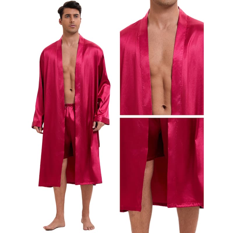 Satin Robe for Men's Long Sleeve Kimono Bathrobe Sleepwear with Shorts Set