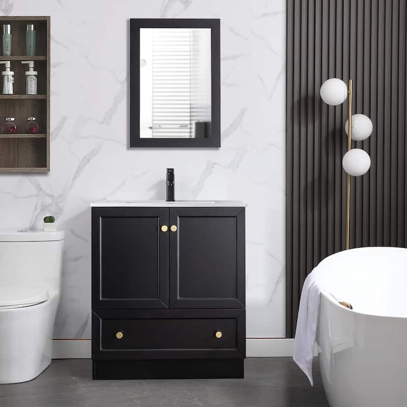 Solid Wood Bathroom Vanity Cabinet with Ceramic Undermount Sink Top Skirting Design - 30 in - Black