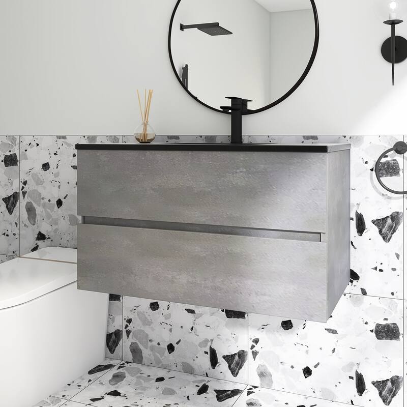 24 in./30 in./36 in. Wall-Mounted 2-drawer Bathroom Vanity Set in Cement Grey with Integrated Solid Surface Sink