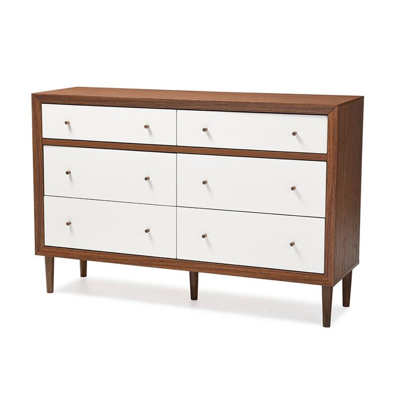 Modern 6-Drawer Dresser - 36" High Storage Chest - Walnut Brown & White Finish - Bedroom Furniture
