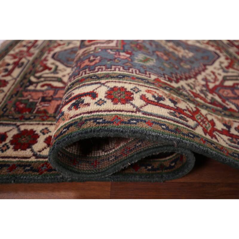 Light Blue Geometric Heriz Serapi Rug Hand-Knotted Wool Carpet - 4'0" X 6'0"