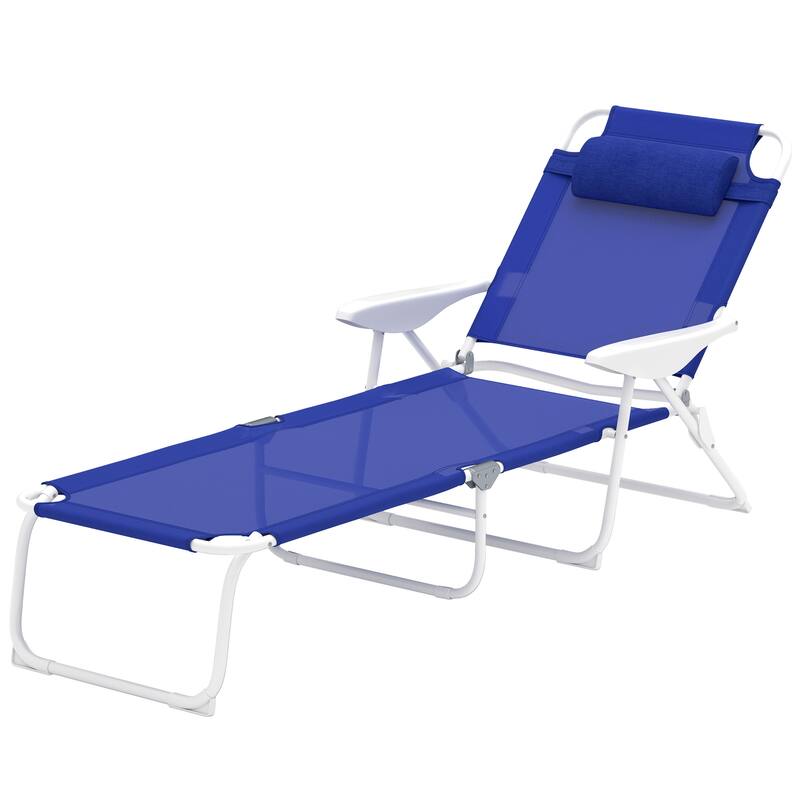 Foldable Adjustable Chaise Lounge Chair with Pillow and Armrests Portable Mesh Sun Lounger for Patio Poolside and Backyard - Blue